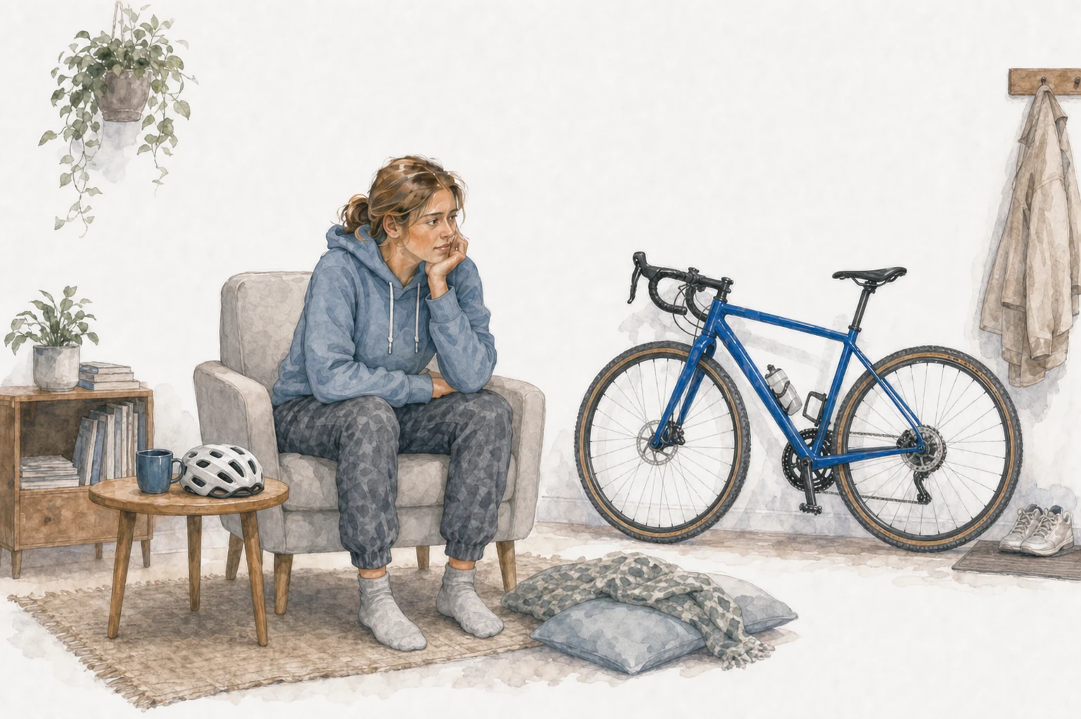 The new rider sits uncertain at home while her bicycle waits nearby.