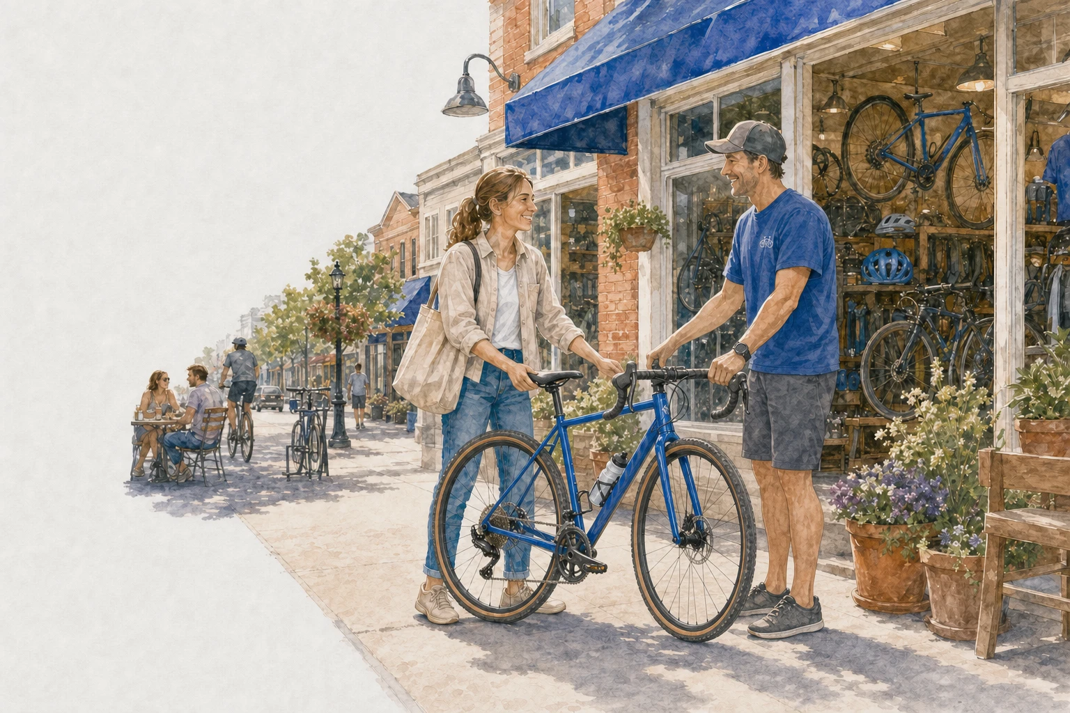 A shop employee in a royal-blue shirt hands Sam her first blue gravel bike.