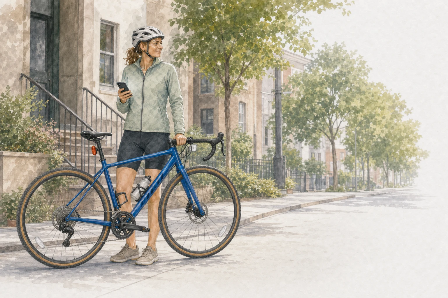 The rider stands ready beside her bicycle after receiving useful guidance from her shop.